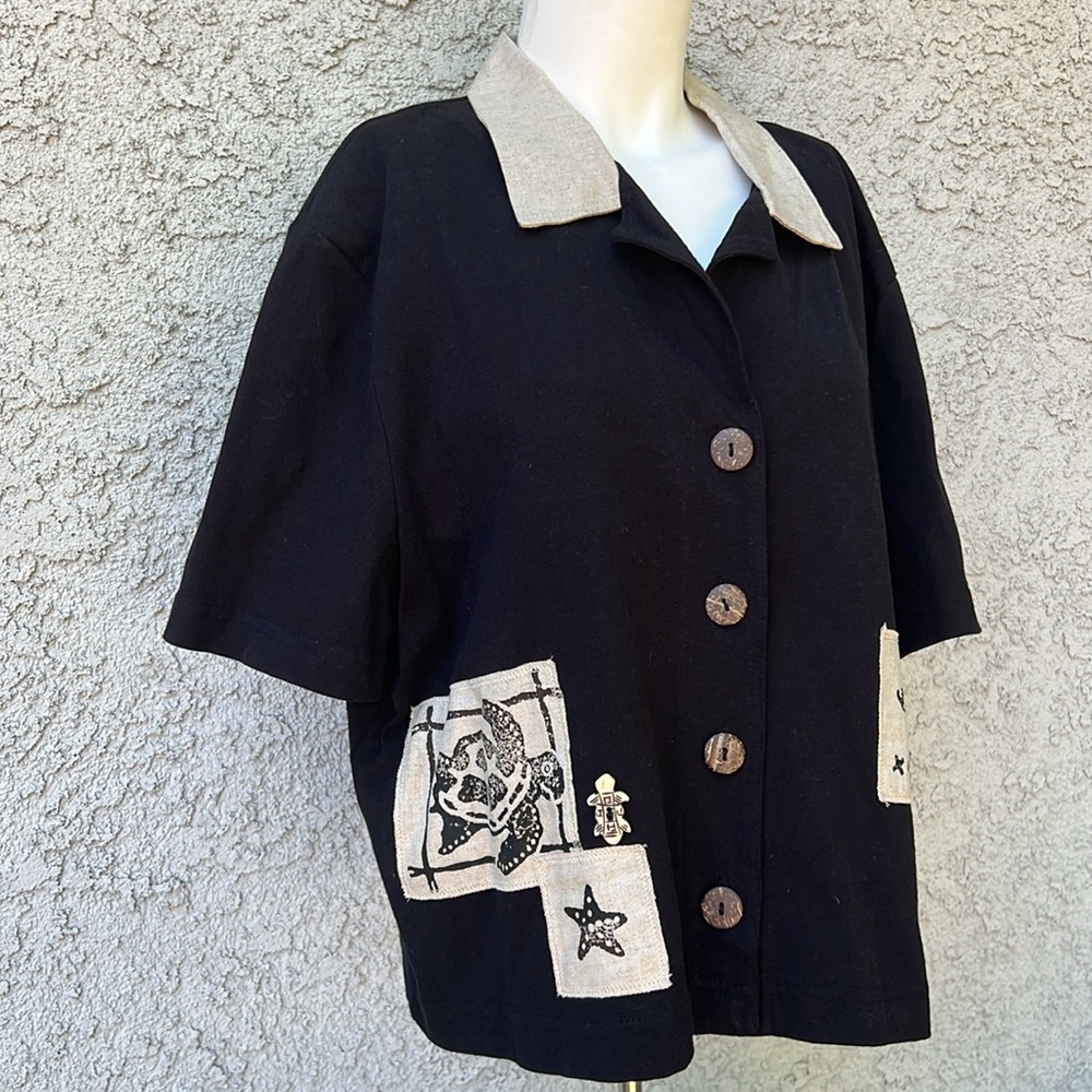 Vintage Nina Piccalino Black Cream Women's Button-Up Boxy Top Turtles Graphic XL